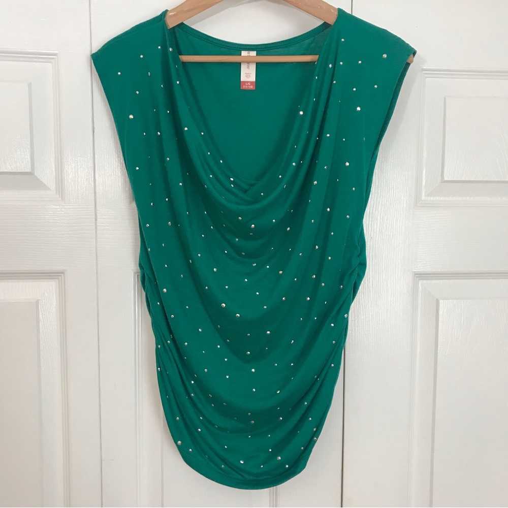 EUC No Boundaries/ Large/ Green Sleeveless Top/ Draped Collar/ Ruched Sides